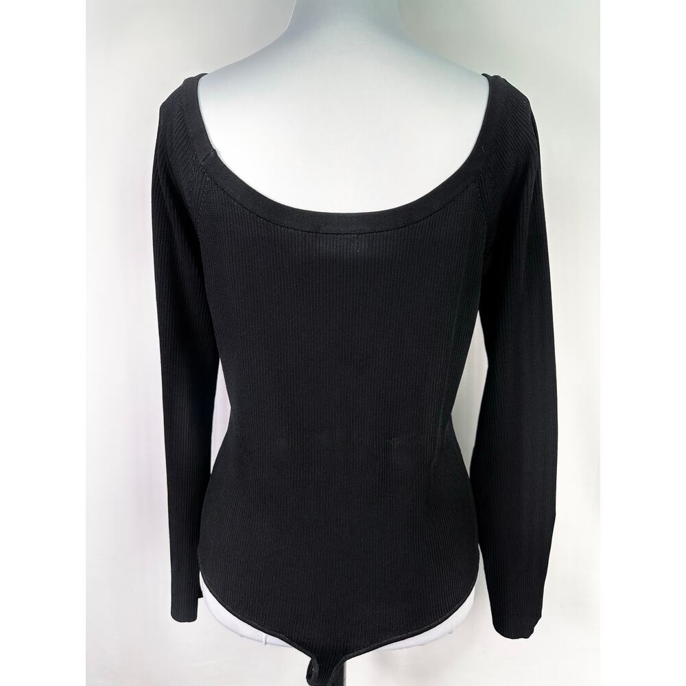 Good American Black Ribbed Long Sleeve Thong Bodysuit Size 7 - Picture 2 of 9